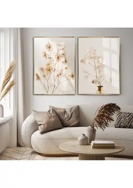 Harikabirev Krem Çiçek Kombin Lunarıa Çerçeveli Cam Tablo Çiftleri - Modern ve Dayanıklı Dekorasyon Ürünü