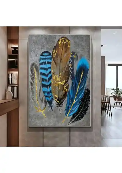 Harikabirev Mavi Gri Gold Tüy Modeli Kanvas Tablo Modern ve Dayanıklı Tasarım
