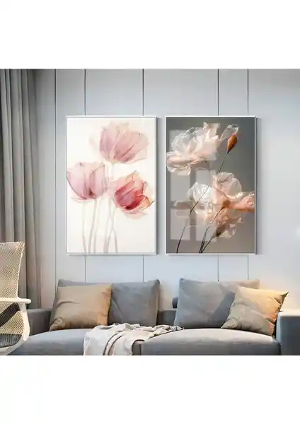 Harikabirev Pembe-Gri Çiçek Kombini 2'li Dikey Çerçeveli Cam Tablo Seti