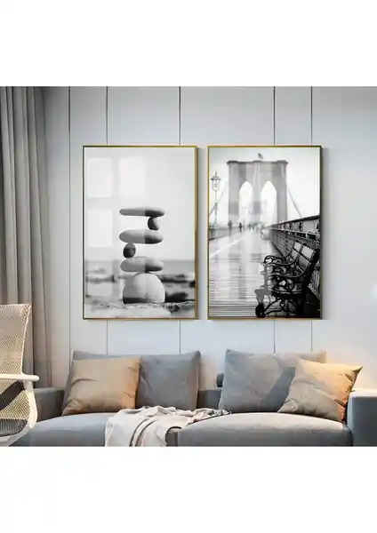 Harikabirev Siyah-Beyaz Taş ve Köprü Kombini Çerçeveli Cam Tablo Seti Modern İç Mekan Dekoru