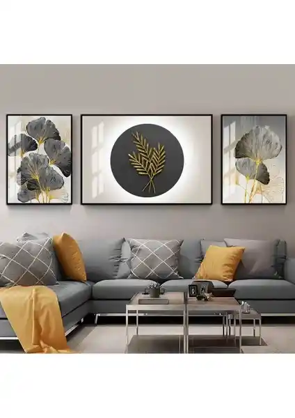 Harikabirev Siyah Gold Sonsuzluk Çiçeği Temalı 3'lü Temperli Cam Tablo Seti
