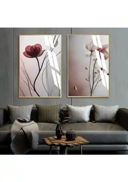 Harikabirev Soft Gri Kırmızı Çiçekler 1 Çerçeveli Cam Tablo, Modern Dekorasyon İçin Ideal