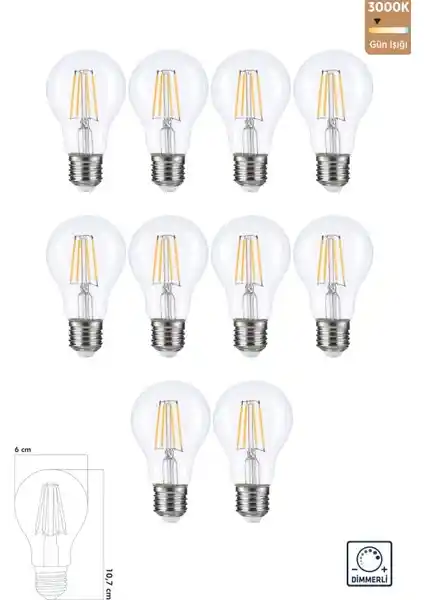 Heka LED Filament Rustik Ampul E27 8W Gün Işığı Renk Sıcaklığı Modern Aydınlatma