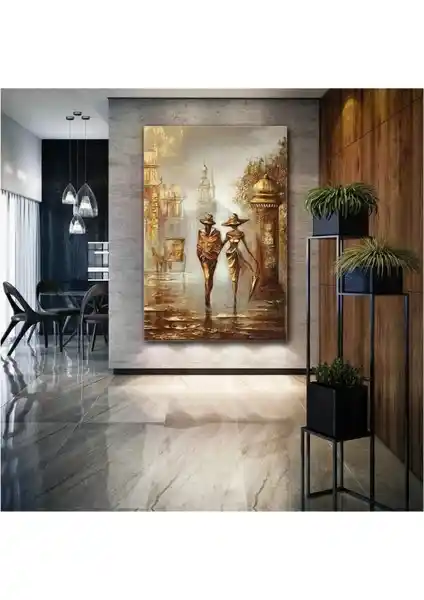 Kanvas Tablo Sokakta Yürüyen Şemsiyeli Çift Bronz Nostalji Aşk Dekorasyonu