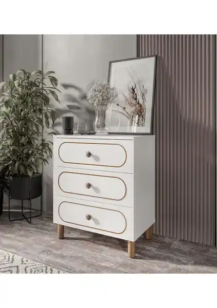 Kzn Home 3 Çekmeceli Bohem Şifonyer Beyaz Modern ve Dayanıklı Tasarım