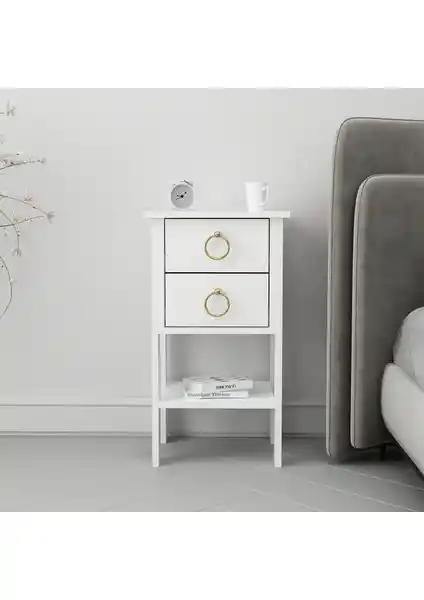 Luvia Çift Çekmeceli Beyaz Gold Kulp Komodin Modern ve Şık Tasarım Özellikleri