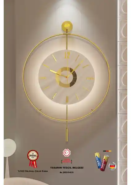 MetaQuartz Büyük Boy Metal Duvar Saati Gold Çember ve LED Göbek ile Modern Tasarım