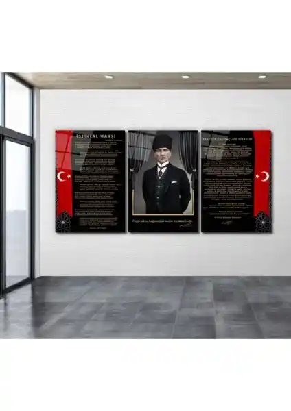 Miyrem Atatürk Köşesi Triple Miyrem-Cam Tablo ile Modern ve Dayanıklı Duvar Dekorasyonu