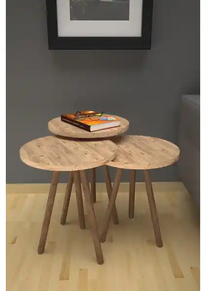 Mobezzo Zigon Sehpa Ahşap Ayaklı Çam 3'lü Yuvarlak Modern ve Dayanıklı Tasarım