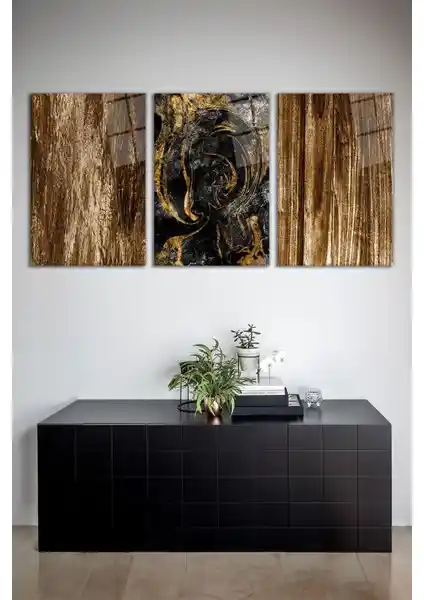 Modern Ev Dekorasyonunda Şıklık Sunan Vosevu Altın Detaylı Mermer Desen 3'lü Cam Tablo Seti
