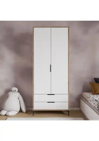 Modern ve Fonksiyonel Beyaz Gardırop Alonex Aden 2 Kapaklı Çekmeceli Tasarımıyla Dekorasyonu Tamamlar