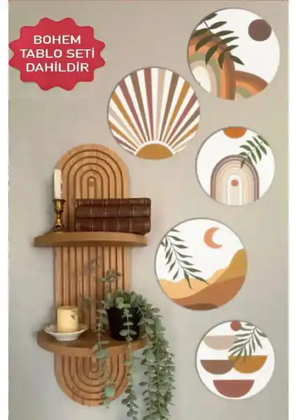 Modern ve Minimalist MDF Duvar Rafı ve Dekoratif Oval Tablo Seti - Şık Ev Dekorasyonu