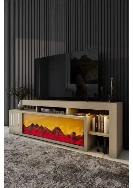 Modern ve Şık Elektrikli Şömine ve TV Ünitesi Sahra Rengi ile Ev Dekorasyonunu Tamamlar