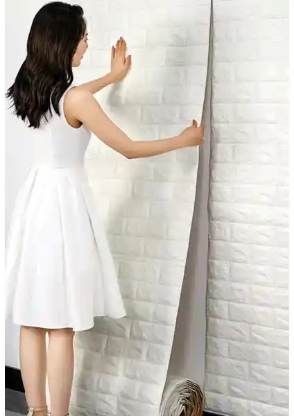 Modern ve Şık Renkli Duvarlar Kendinden Yapışkanlı Beyaz Tuğla Desen 3D Paneli