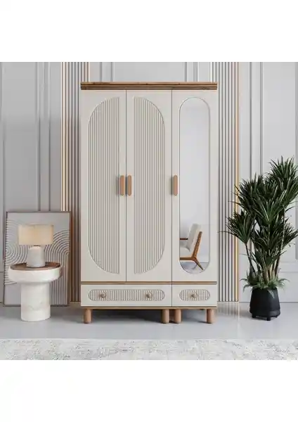 Monzio Milen 3 Kapaklı Çekmeceli Gardırop Modern ve Şık Tasarım ile Kullanışlılık Sunar