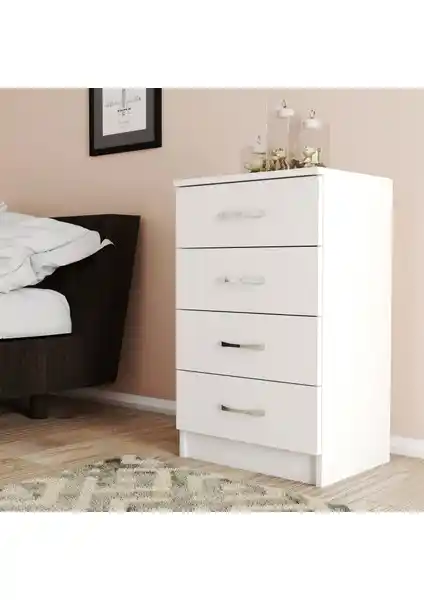 Moxen Beyaz 4 Çekmeceli Komodin Modern ve Dayanıklı Yatak Odası Çözümü