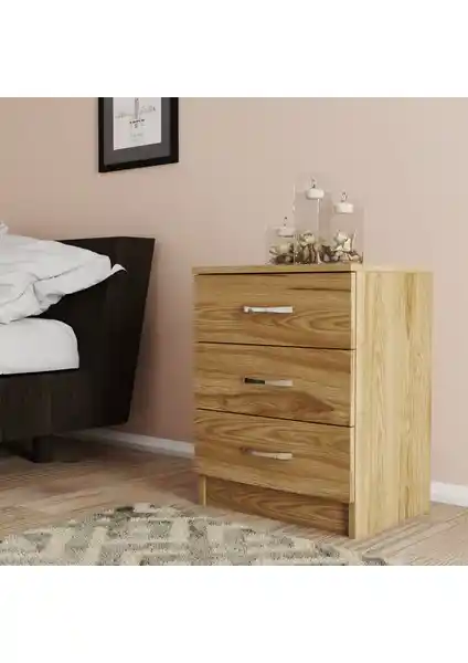 Moxen Mobilya Ceviz Renkli 3 Çekmeceli Komodin Şıklık ve Fonksiyonellik Sunar