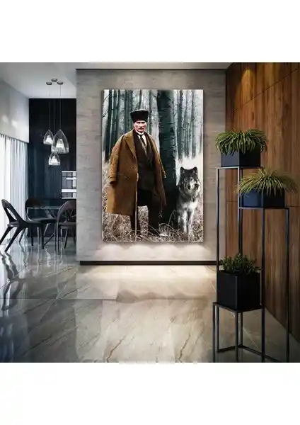 Mustafa Kemal Atatürk Ormanda Asil Kurt Kanvas Tablo Dekoratif Sanat Eseri