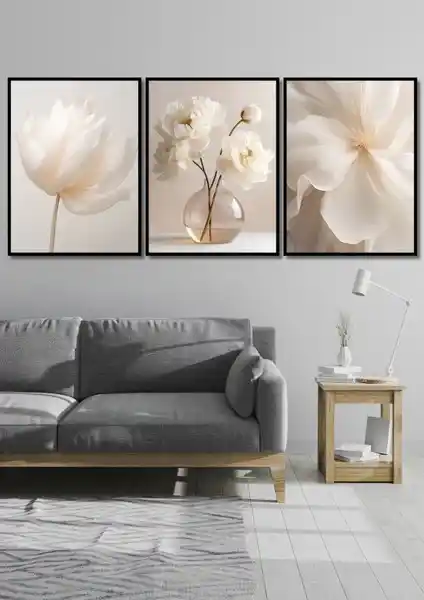 Nt Handmade Siyah Çerçeve Görünümlü 3’lü Beyaz Çiçekler Duvar Dekoru Seti