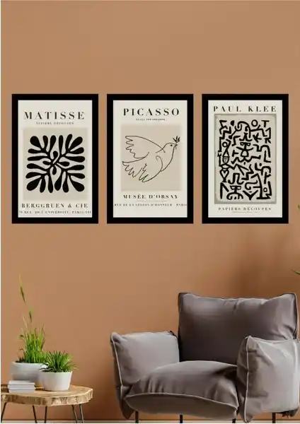 Nt Handmade Siyah Çerçeve Görünümünde 3'lü Matisse Duvar Dekoru Modern İç Mekan Dekorasyonu