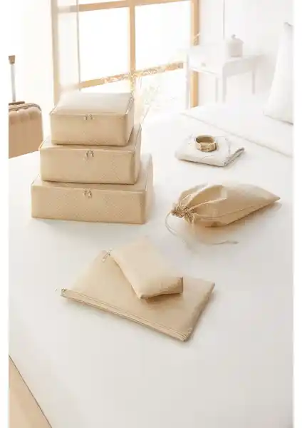 Ocean Home Textile 6'lı Bej Balıksırtı Valiz ve Ev İçin Çok Amaçlı Organizer Seti