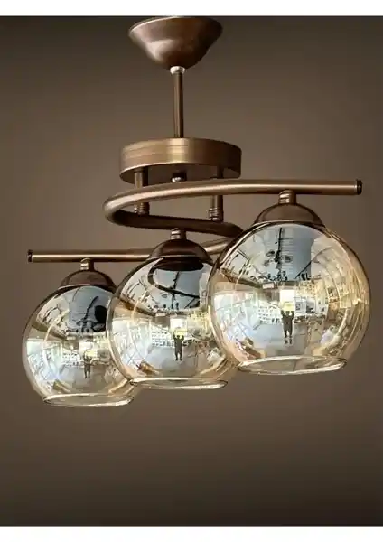 Ömür Avize Uzay Eskitme Bal Camlı Üçlü Avize Modern Tasarım ve Estetik Detaylar