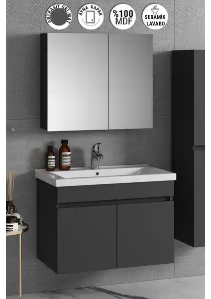 Özceden Çiğdem 80 cm Antrasit Gri MDF Seramik Lavabolu Asma Banyo Dolabı Takımı