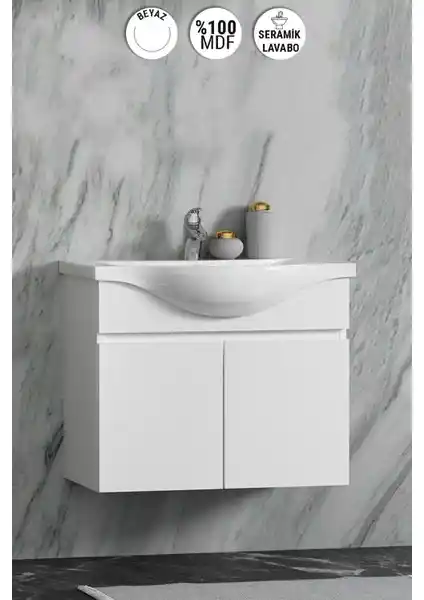 Özceden Yılz 75 cm Beyaz MDF Seramik Lavabolu Asma Banyo Alt Dolabı