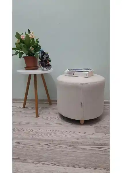 Papuli Ahşap Ayaklı Keten Yuvarlak Puf ve Bench Koltuk Dekoratif ve Çok Amaçlı Tasarım