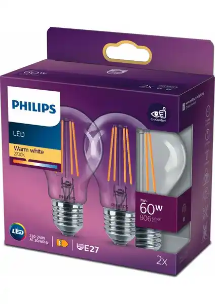 Philips Filament 60W Sarı Işık Ampul Çiftli Paketle Konfor ve Estetiği Artırır