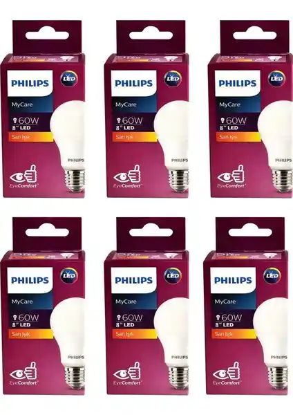 Philips Mycare LED 8W Sarı Işık E27 Ampul 6'lı Paket Enerji Tasarruflu Aydınlatma