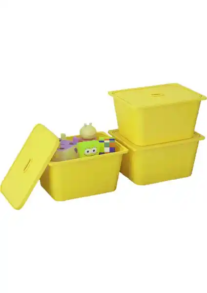 Pratico 3 Adet Sarı Derin Kapaklı Oyuncak Sepetleri Çocuk Odası Düzeni ve Estetiği İçin