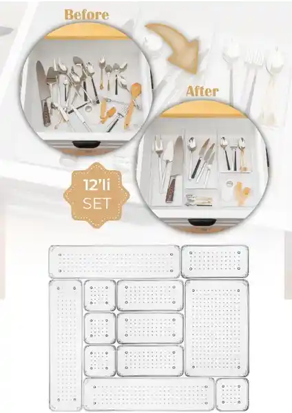 Vienev 12Li Şeffaf Çekmece İçi Düzenleyici Organizer ile Ev ve Ofisinizde Mükemmel Düzen