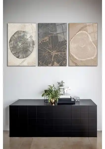 Vosevu Ağaç Gövdesi Çizgileri 3'lü Cam Tablo Seti Modern ve Dayanıklı Dekorasyon Ürünü