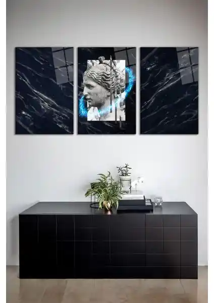 Vosevu Antik Yunan Kadın Heykeli 3'lü Cam Tablo Seti Modern İç Mekan Dekorasyonu