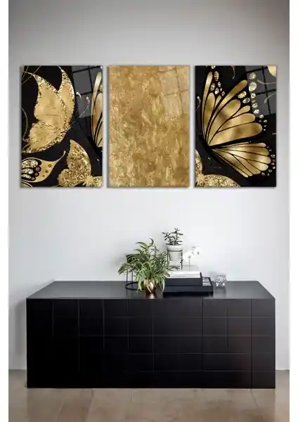 Vosevu Gold Detaylı Kelebekler 3'lü Cam Tablo Seti Modern ve Şık Dekorasyon Çözümü