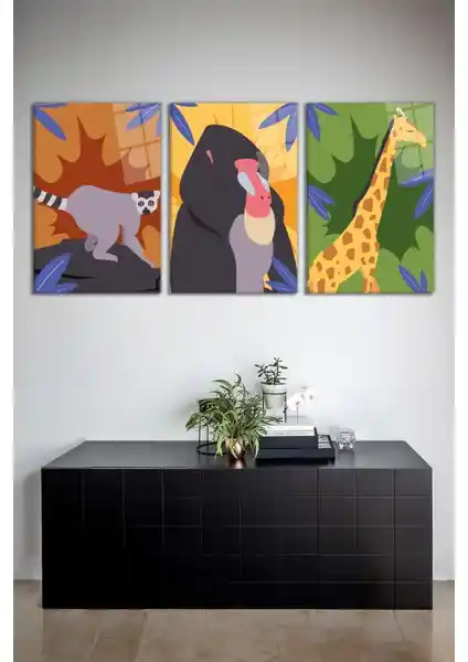 Vosevu Renkli Hayvan Temalı 3'lü Cam Tablo Seti Modern Ev Dekorasyonu İçin