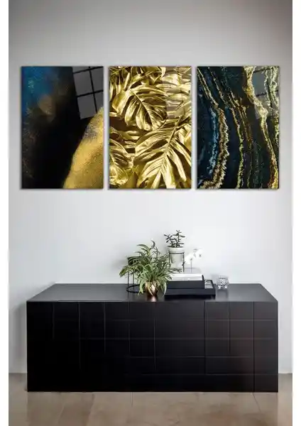 Vosevu Soyut Büyük Gold Yapraklı Cam Tablo Seti Modern Dekorasyon İçin Şık ve Dayanıklı Tasarım