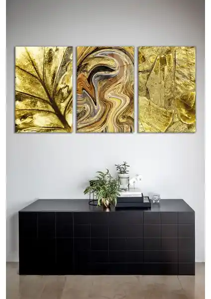Vosevu Soyut Gold Kahverengi 3'lü Cam Tablo Seti Modern ve Şık Dekorasyon İçin Uygun