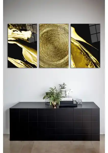 Vosevu Soyut Gold Siyah Kombin 3'lü Cam Tablo Seti Modern Dekorasyon İçin Şık ve Dayanıklı
