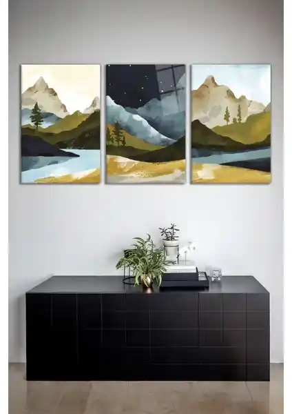 Vosevu Suluboya Efektli Ağaç ve Doğa 3'lü Cam Tablo Seti Modern Ev Dekorasyonu İçin
