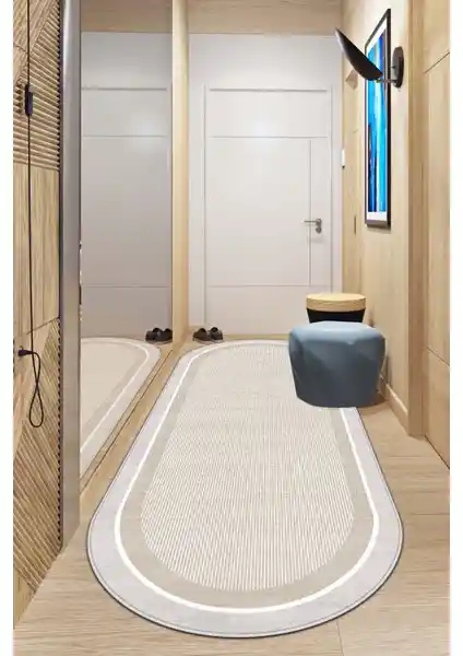West Home Makinede Yıkanabilir Kaymaz Tabanlı Bej Oval Salon Halısı ve Yollukları