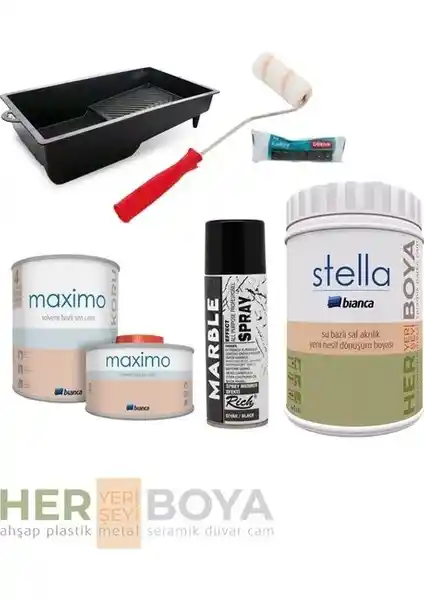 Bianca Stella Set Beyaz Boya ve Siyah Mermer Efekt Sprey ile Dekorasyon Yenileme