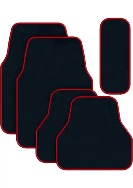 Evrensel Market Siyah Kırmızı Kenarlı 5 Parça Halı Paspas Seti Araç İçin Uygun