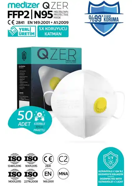 Medizer Qzer Beyaz 5 Katmanlı Ventilli FFP2 NR N95 Maske Güvenli Solunum Koruması