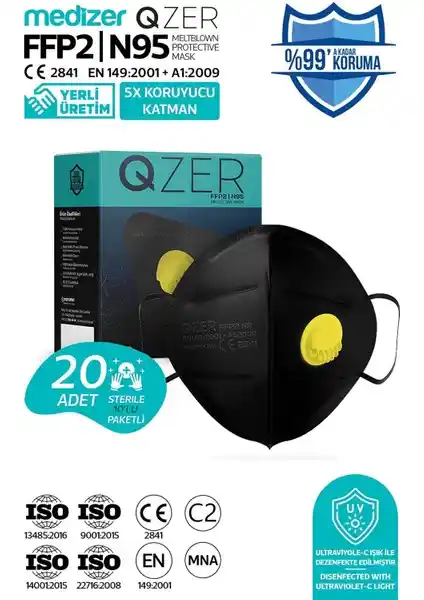 Medizer Qzer Siyah 5 Katlı Ventilli FFP2 N95 Maske Güvenlik ve Konfor Sağlar