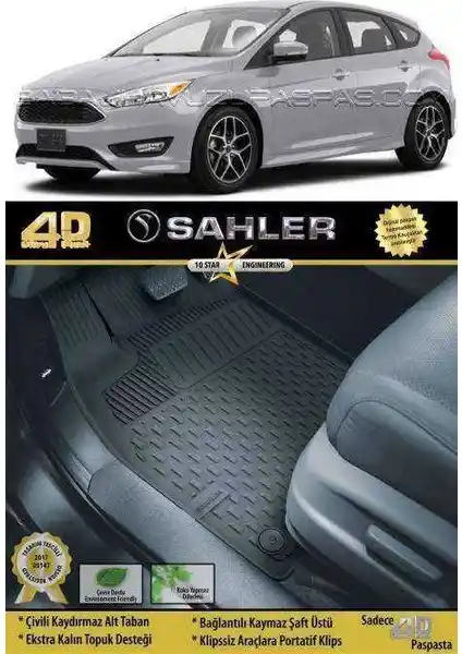 Sahler Ford Focus 3 ve 3.5 Modelleri İçin Uyumlu Siyah Havuzlu Oto Paspas Seti