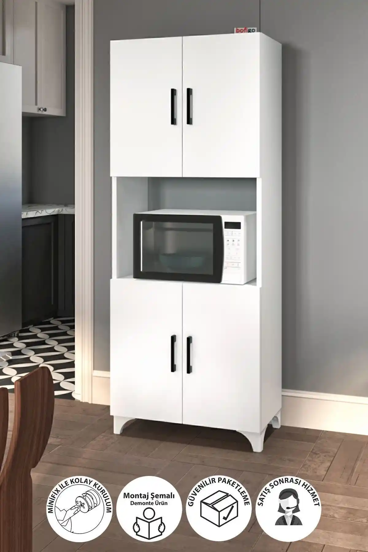 Bofigo Ece Çok Amaçlı Dolap: Beyaz Mikrodalga, Kiler ve Erzak Depolama Çözümü