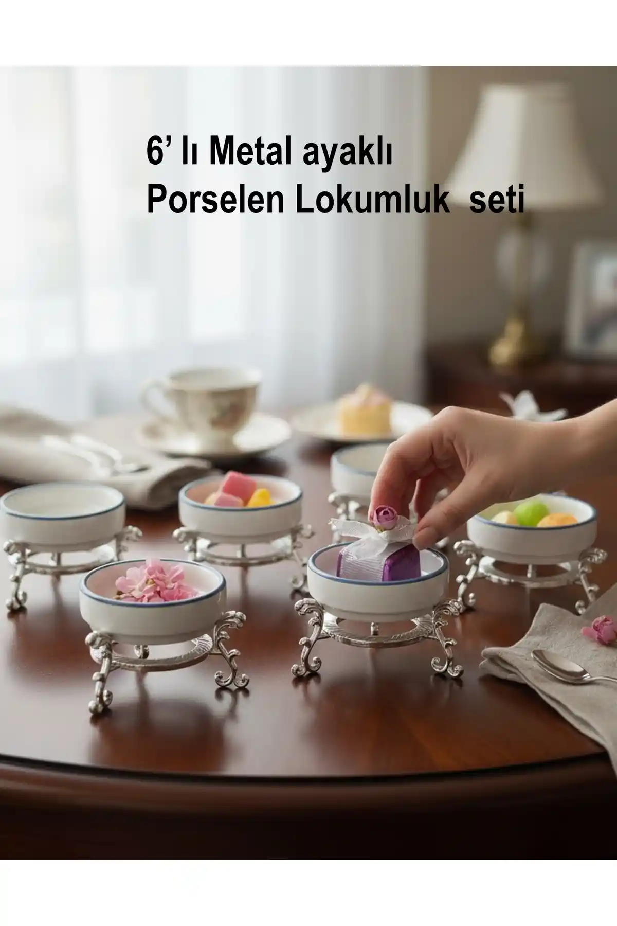 EVSTYLE Ayaklı Porselen Lokumluk Seti 6'lı - Gümüş Kaplama, 20 L Kapasite Uygun