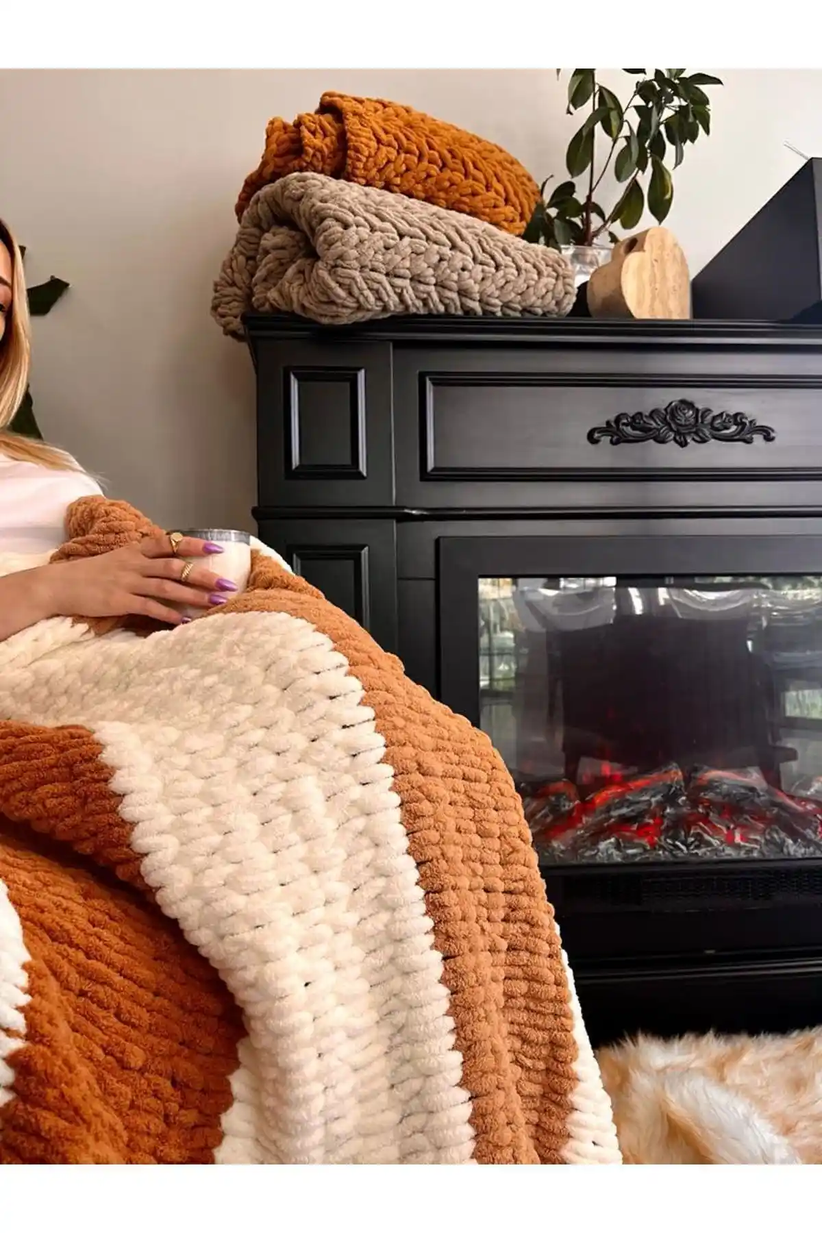 Missworble El Örgüsü Şömine ve Televizyon Battaniyesi – Düz Örgüyle Sıcacık Yün 100×170 cm